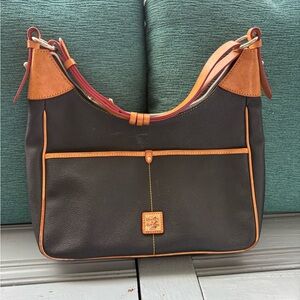 Dooney & Bourke Black Leather Hobo with Tan Trim and Red Strap Accents